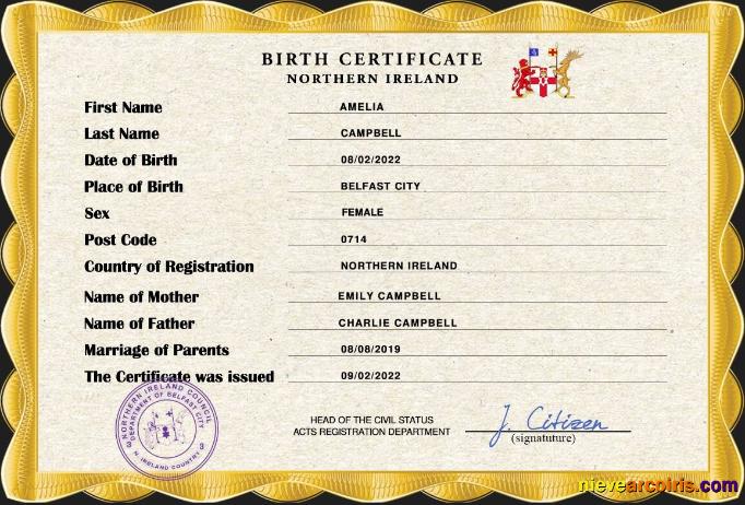 Northern Ireland vital record birth certificate